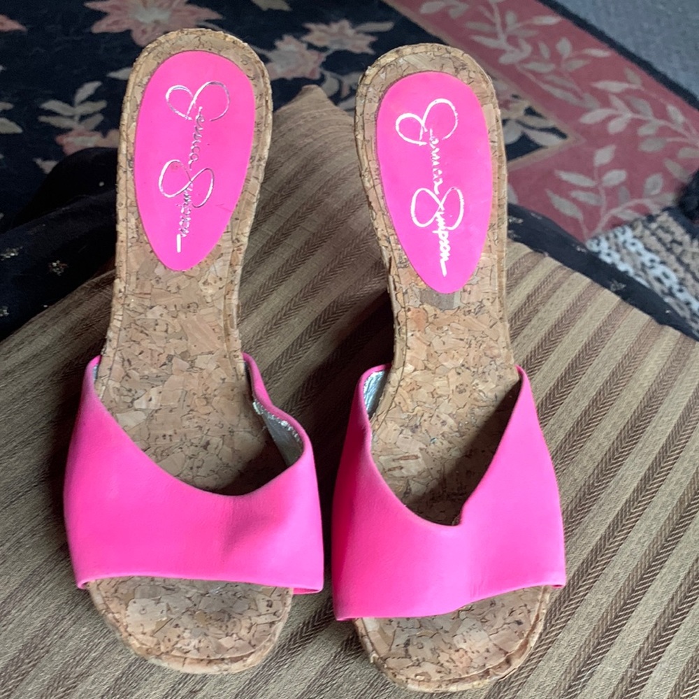 Jessica Simpson cork wedges..hot pink 5 inch size 7